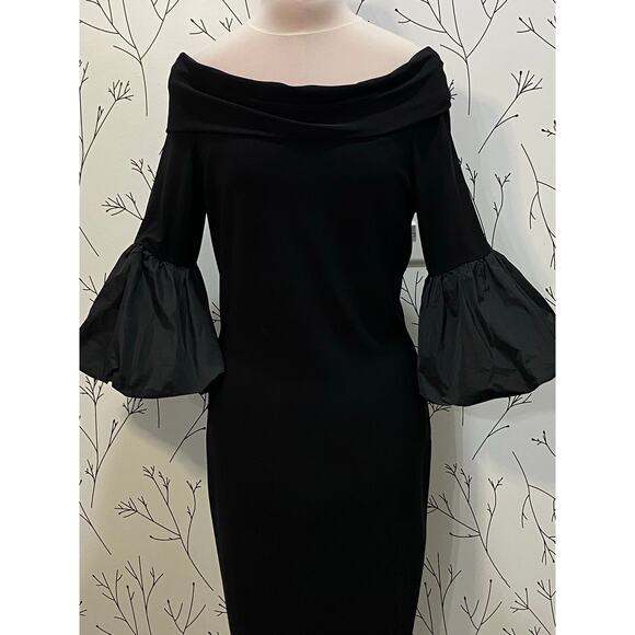 STUNNING JOSEPH RIBKOFF Black Off Shoulder Balloon Sleeve LBD Dress Sz 6 Evening - Picture 2 of 7